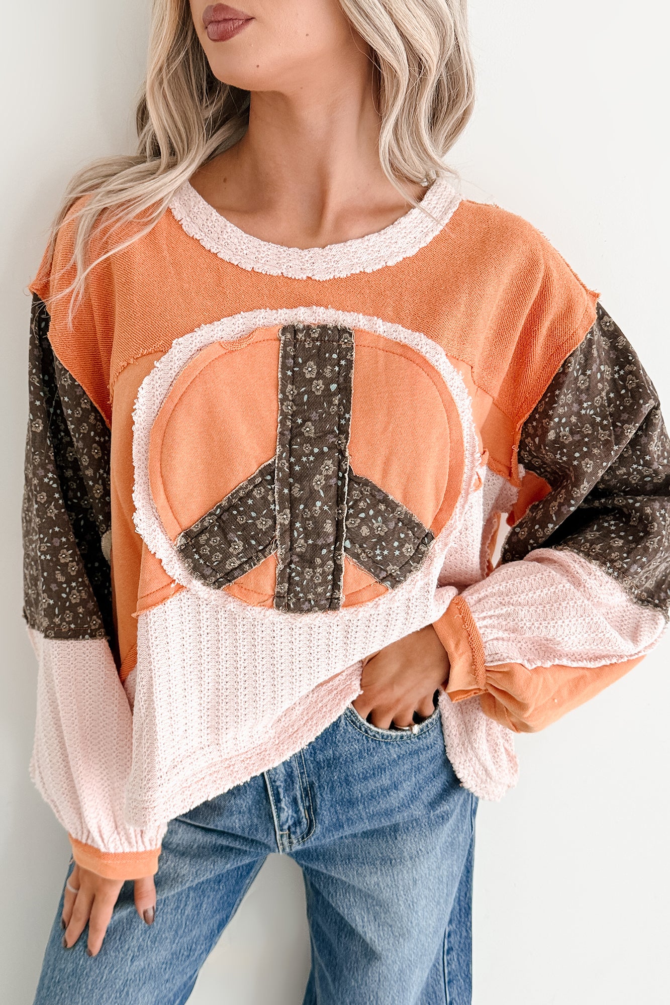 Peaceful & Pretty POL Patchwork Peace Sign Top (Tangerine)