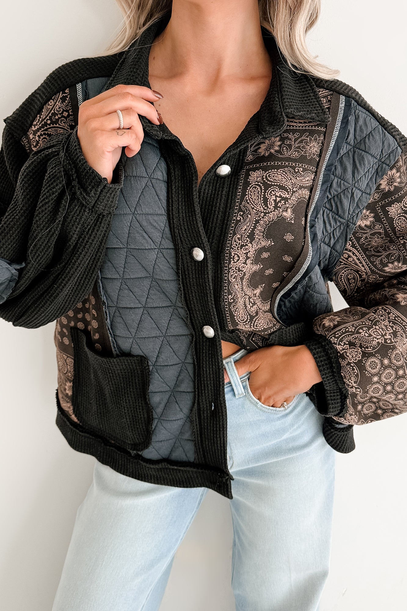 Ever Present Patchwork Quilt POL Jacket (Charcoal/Black) - NanaMacs