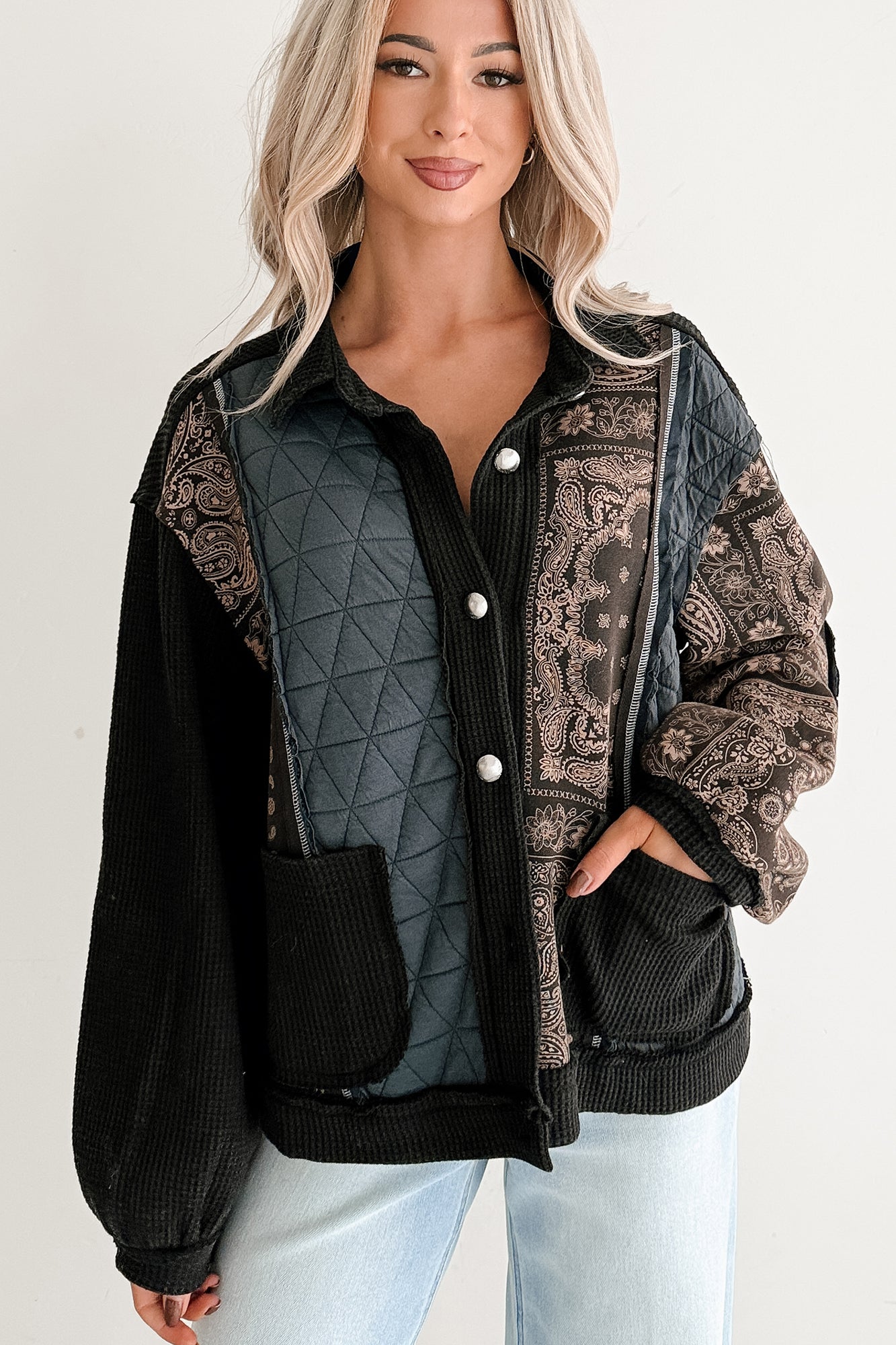 Ever Present Patchwork Quilt POL Jacket (Charcoal/Black) - NanaMacs