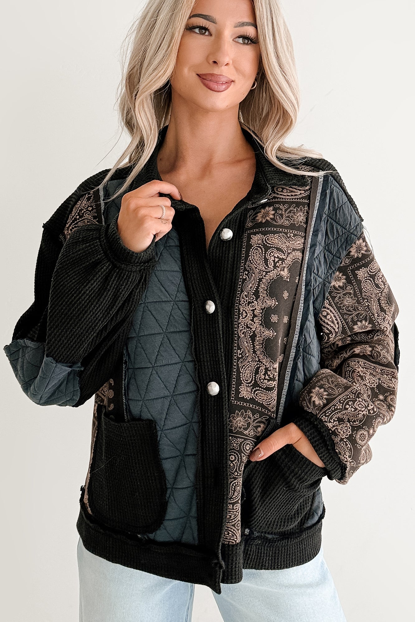 Ever Present Patchwork Quilt POL Jacket (Charcoal/Black) - NanaMacs