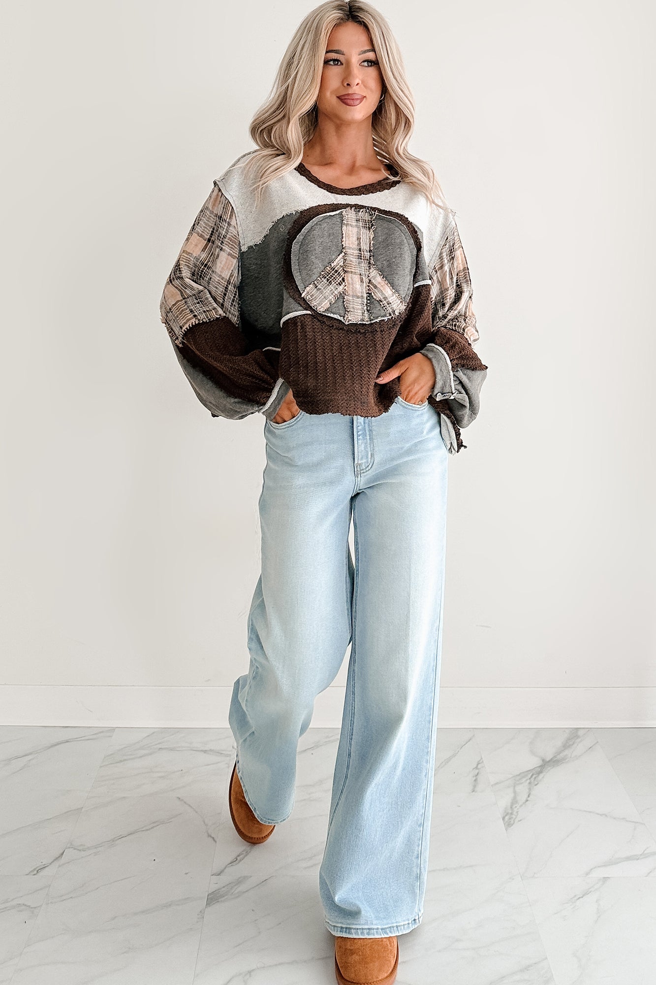 Peaceful & Pretty POL Patchwork Peace Sign Top (Heather Charcoal)