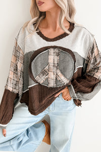 Peaceful & Pretty POL Patchwork Peace Sign Top (Heather Charcoal)