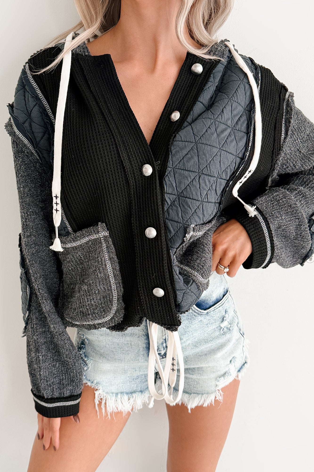 Meet Your Match POL Quilted Hoodie Jacket (Charcoal/Black) - NanaMacs