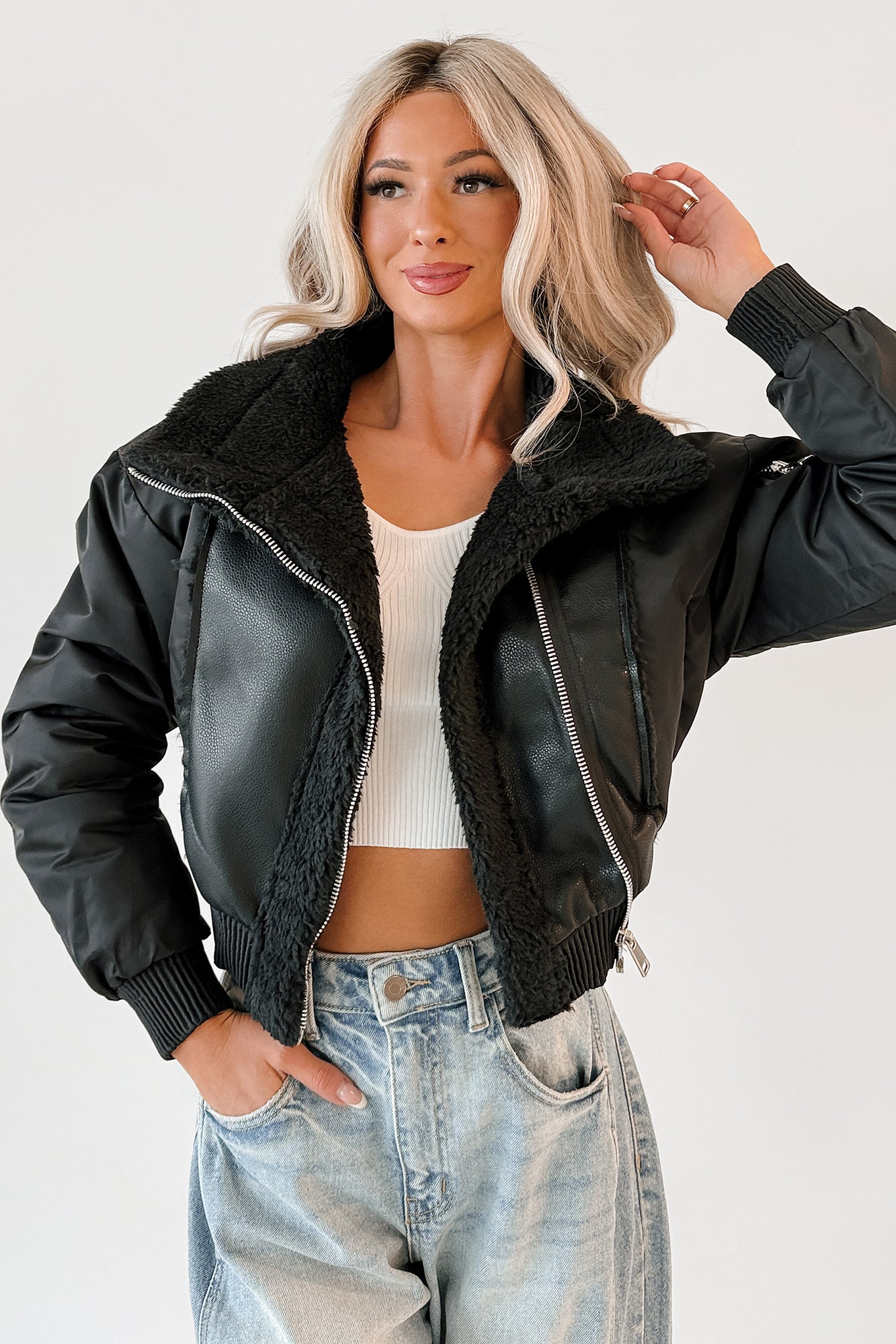Untamed Icon Faux Leather Sherpa Jacket (Black) - NanaMacs