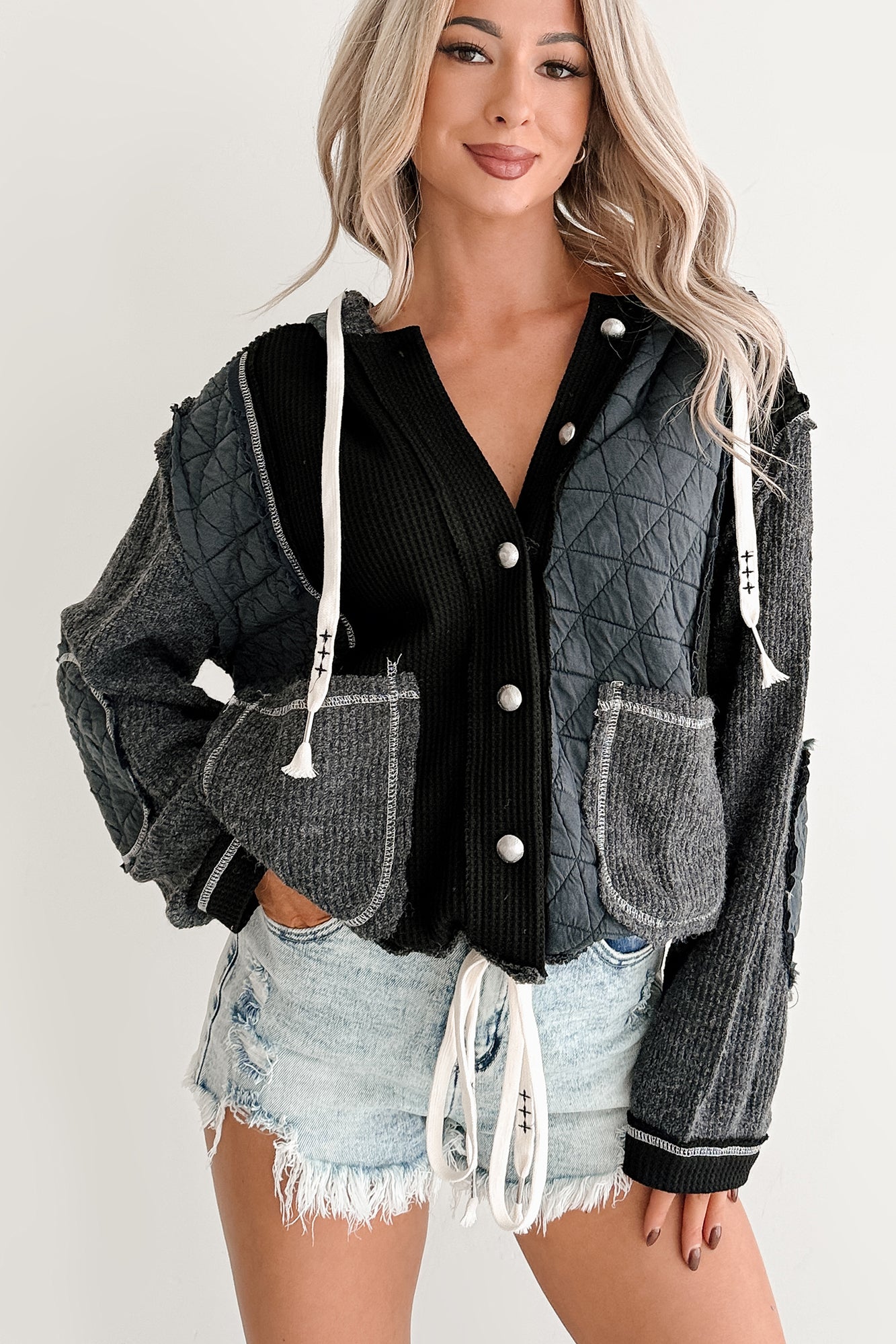 Meet Your Match POL Quilted Hoodie Jacket (Charcoal/Black) - NanaMacs