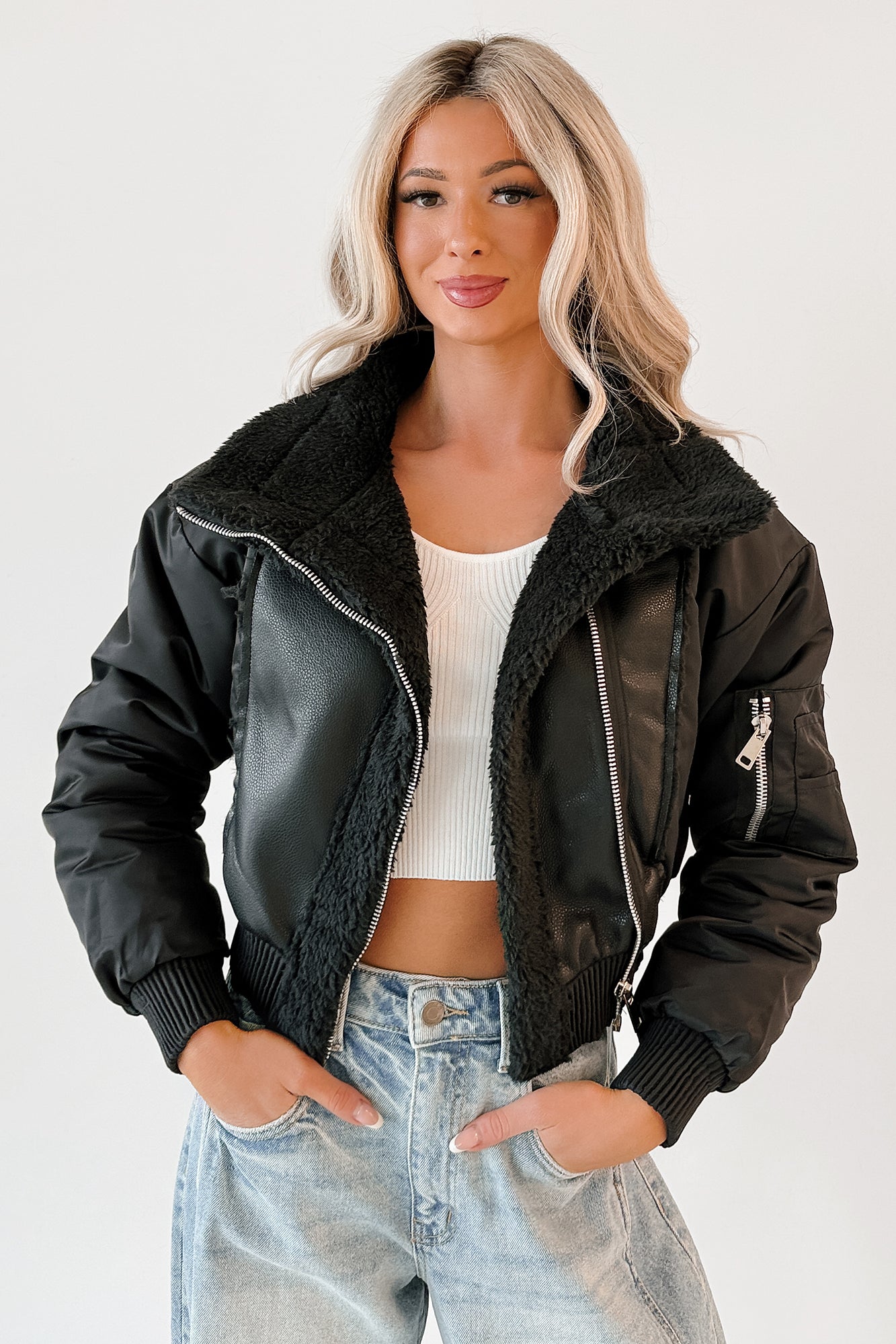 Untamed Icon Faux Leather Sherpa Jacket (Black) - NanaMacs