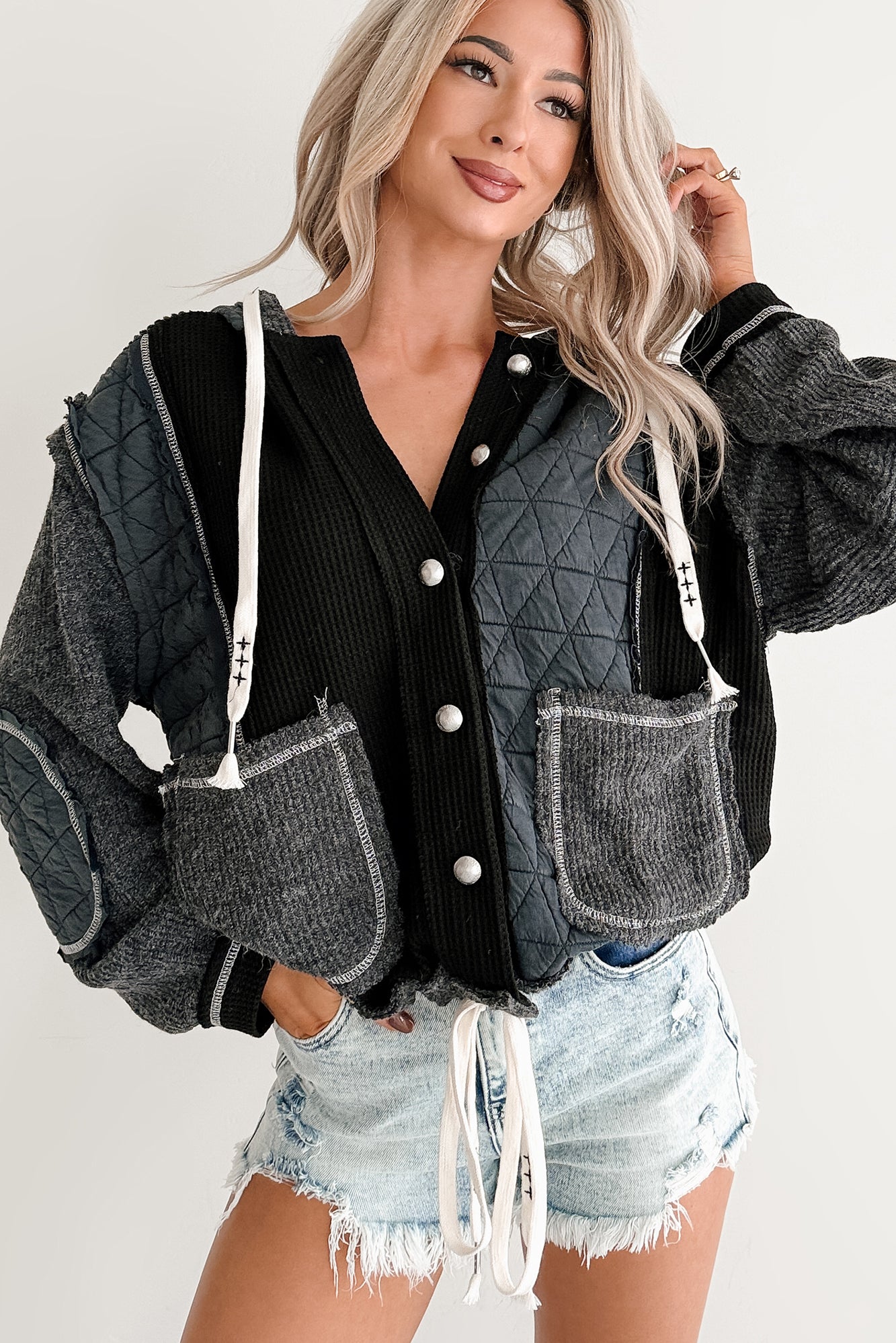 Meet Your Match POL Quilted Hoodie Jacket (Charcoal/Black) - NanaMacs