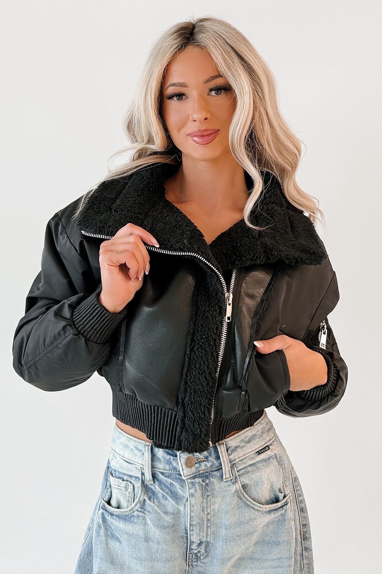 Untamed Icon Faux Leather Sherpa Jacket (Black) - NanaMacs