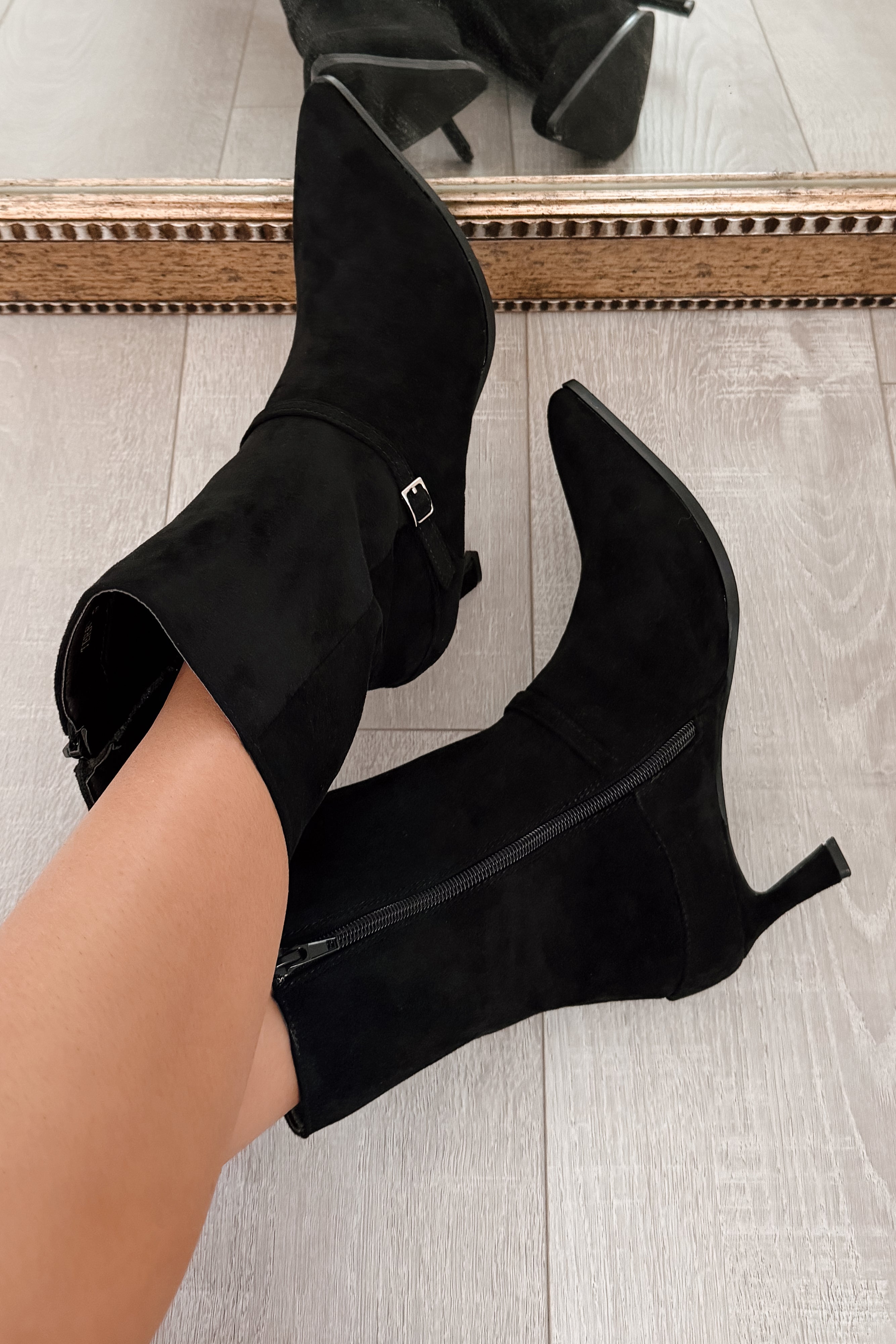 Forever Rising Faux Suede Stiletto Booties (Black) - NanaMacs