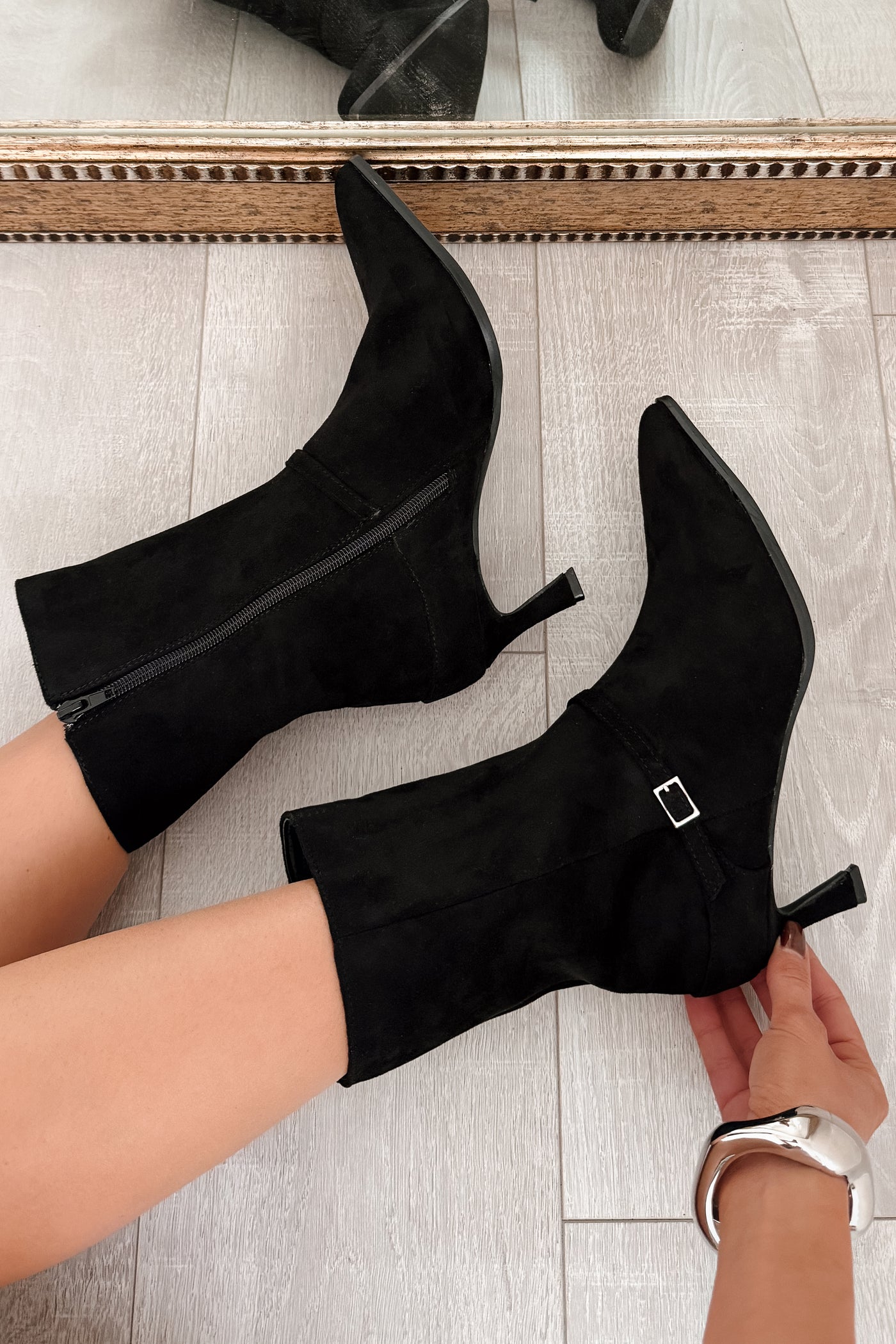 Forever Rising Faux Suede Stiletto Booties (Black) - NanaMacs