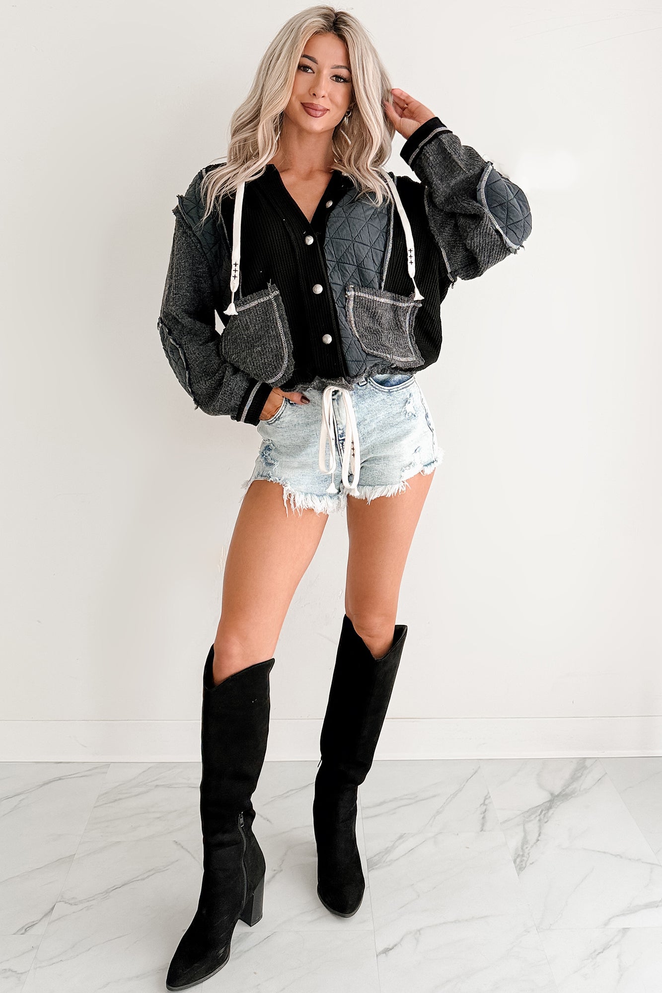 Meet Your Match POL Quilted Hoodie Jacket (Charcoal/Black) - NanaMacs