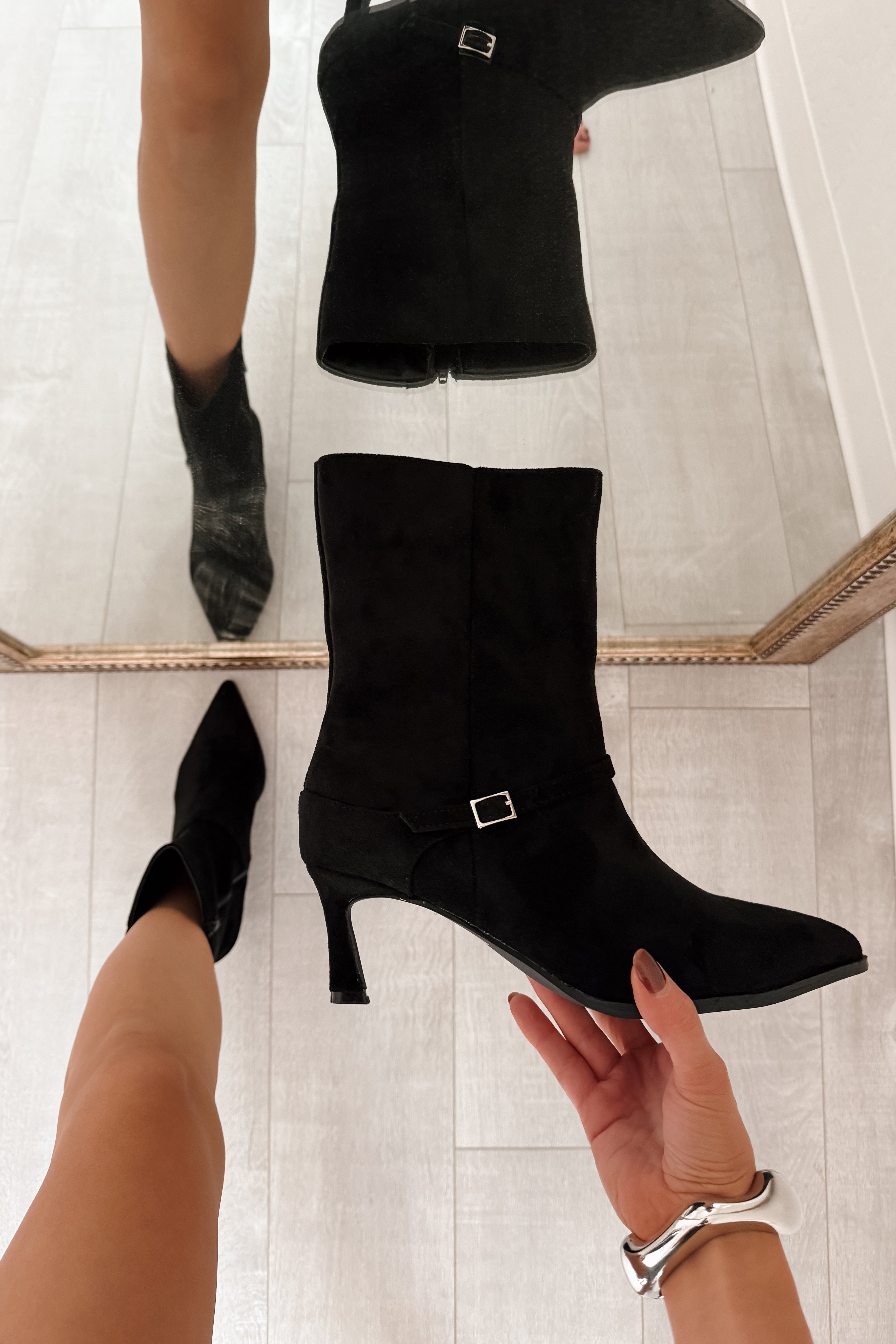 Forever Rising Faux Suede Stiletto Booties (Black) - NanaMacs