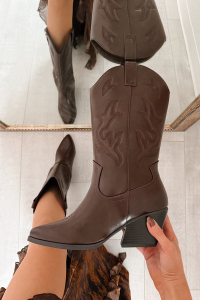 Ruffles & Rodeo Embroidered Cowboy Boots (Dark Brown)