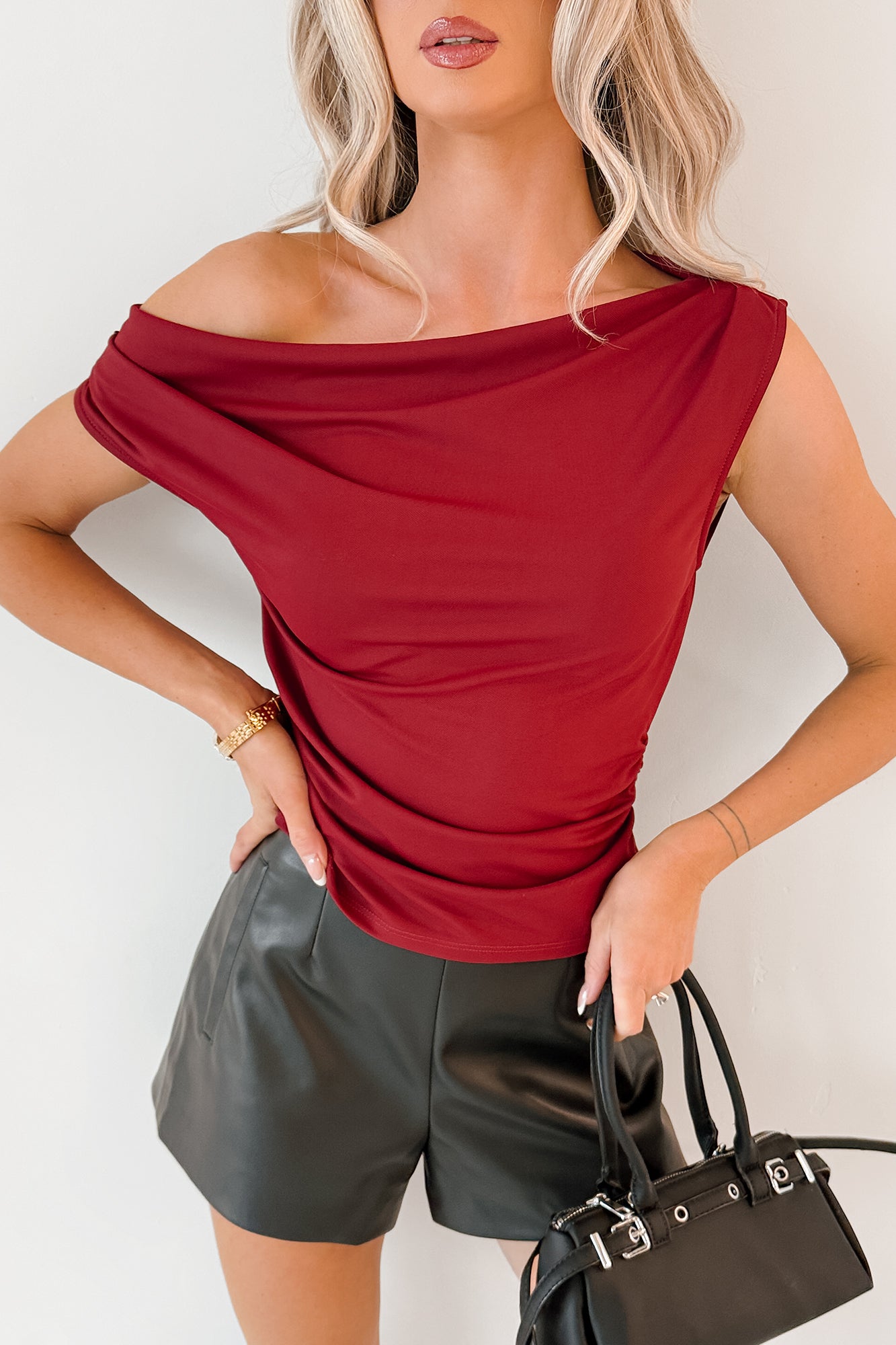 Sleek Moves One Shoulder FORE Top (Burgundy) - NanaMacs