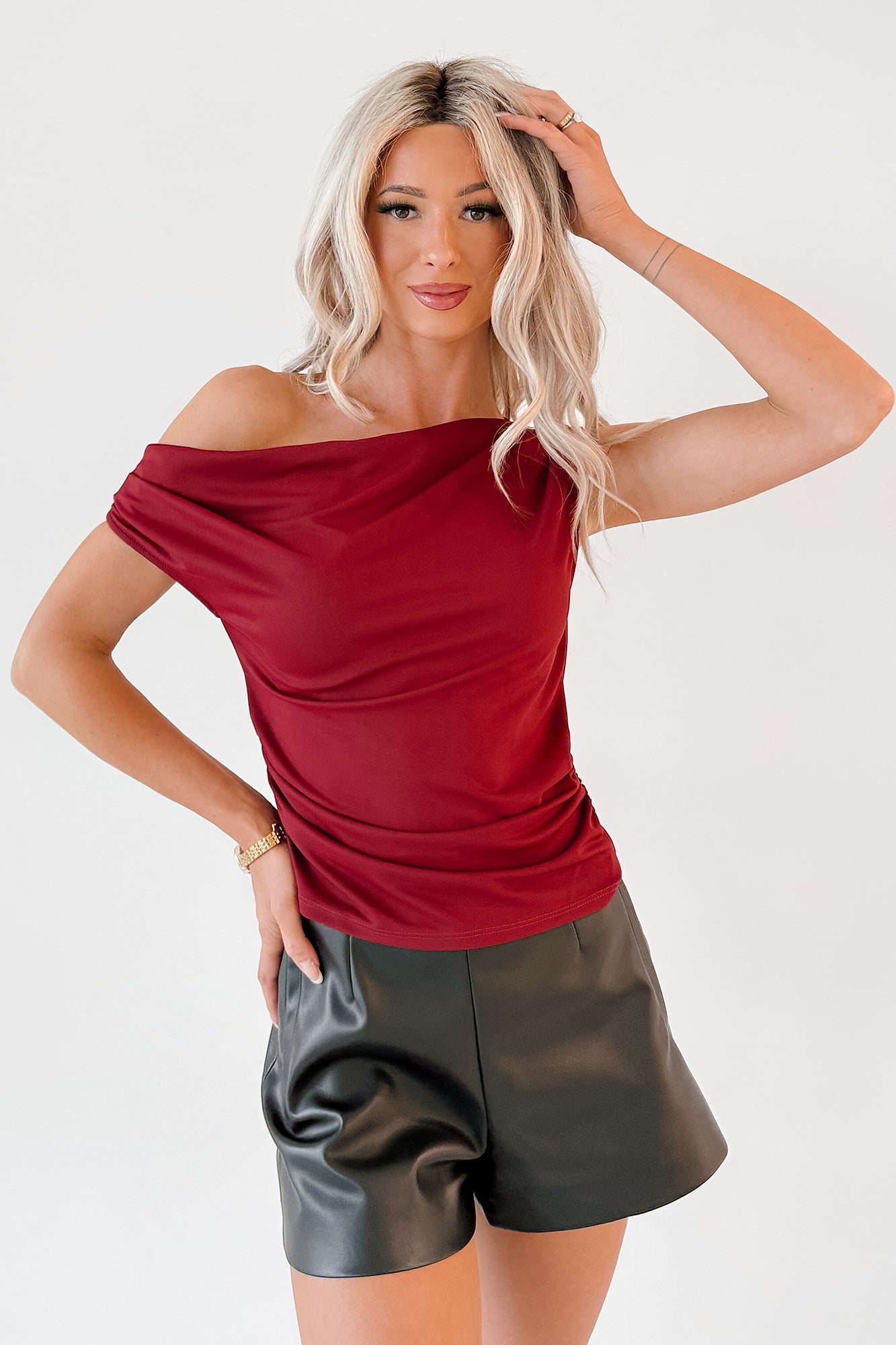 Sleek Moves One Shoulder FORE Top (Burgundy) - NanaMacs