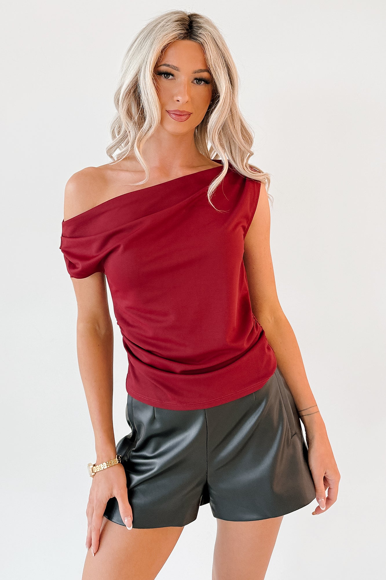 Sleek Moves One Shoulder FORE Top (Burgundy) - NanaMacs