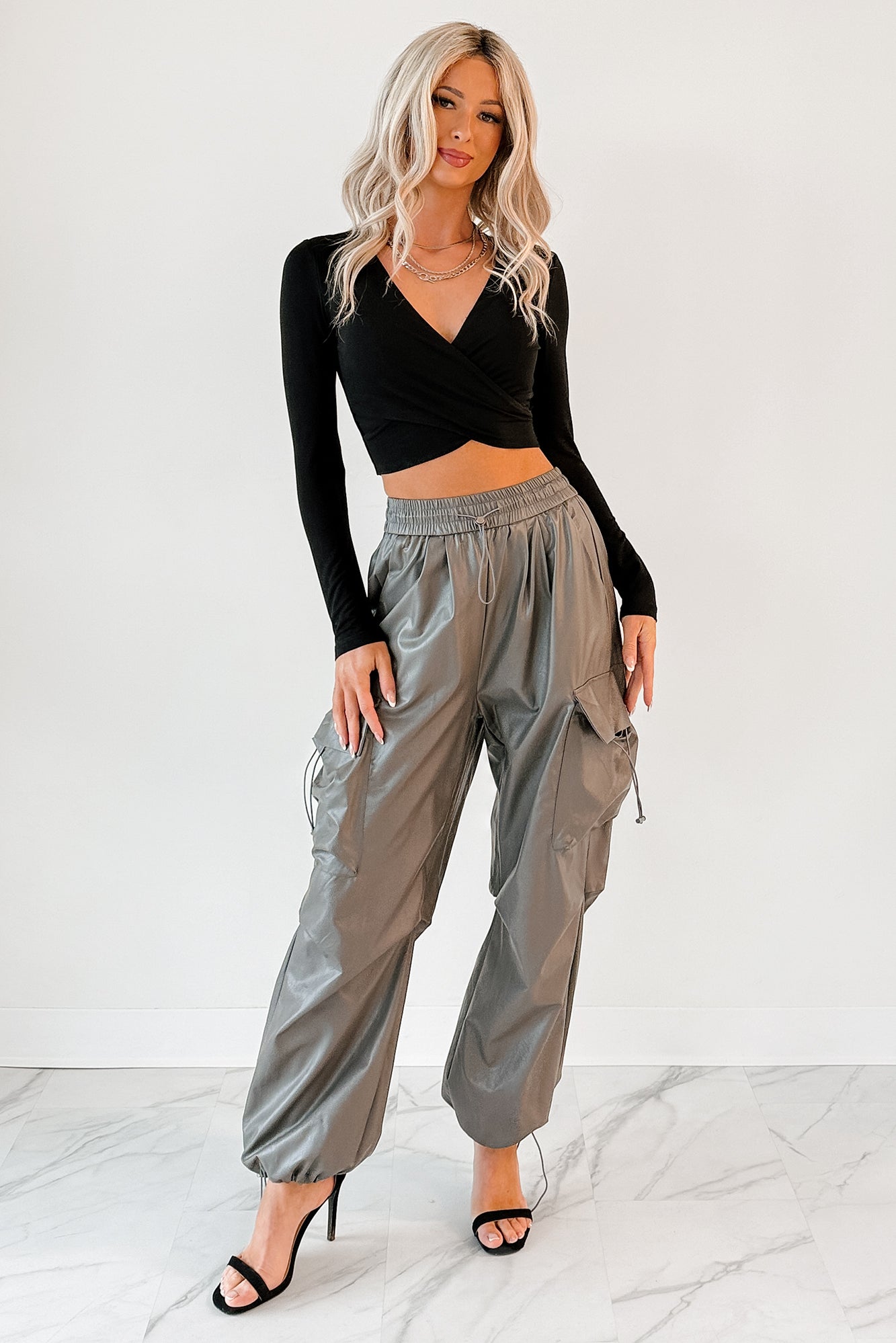 Chic Moment V Neck Wrap Crop Top (Black) - NanaMacs