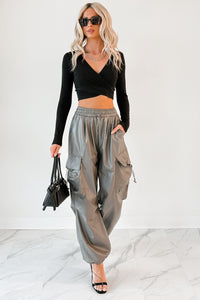 Chic Moment V Neck Wrap Crop Top (Black) - NanaMacs