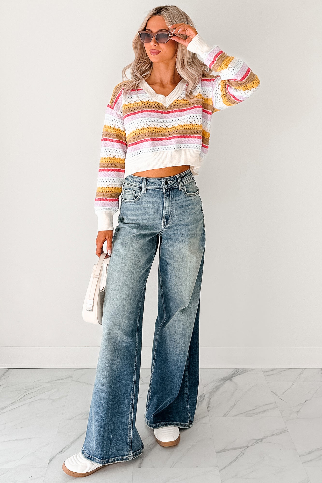 Girly Things Striped V Neck Sweater (Ivory/Multi) - NanaMacs