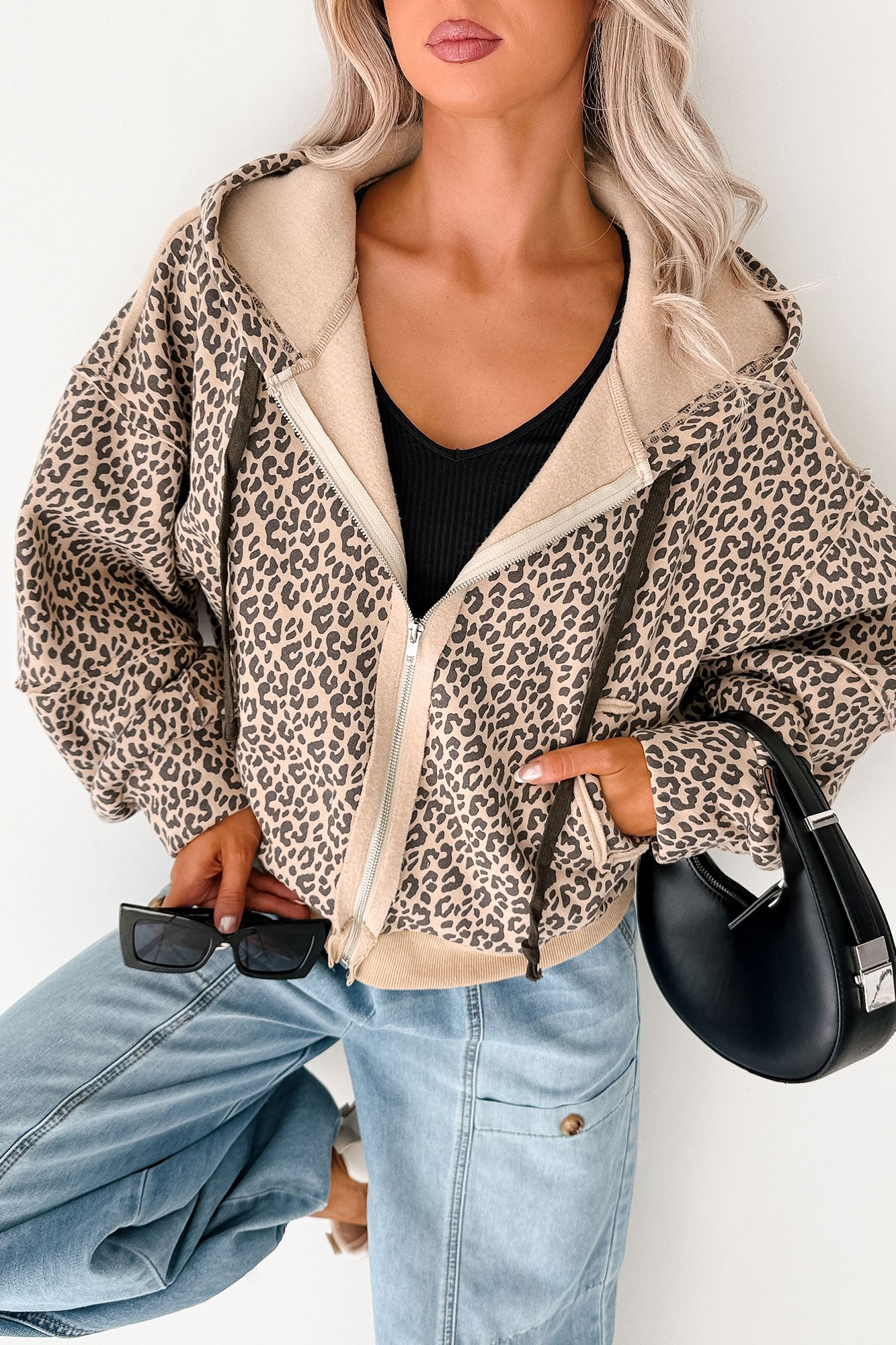 Daring On Leopard Print Zip-Up Jacket (Latte/Black) - NanaMacs