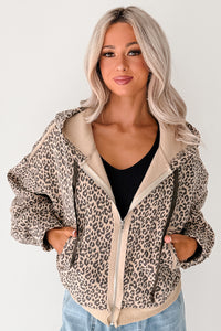 Daring On Leopard Print Zip-Up Jacket (Latte/Black) - NanaMacs