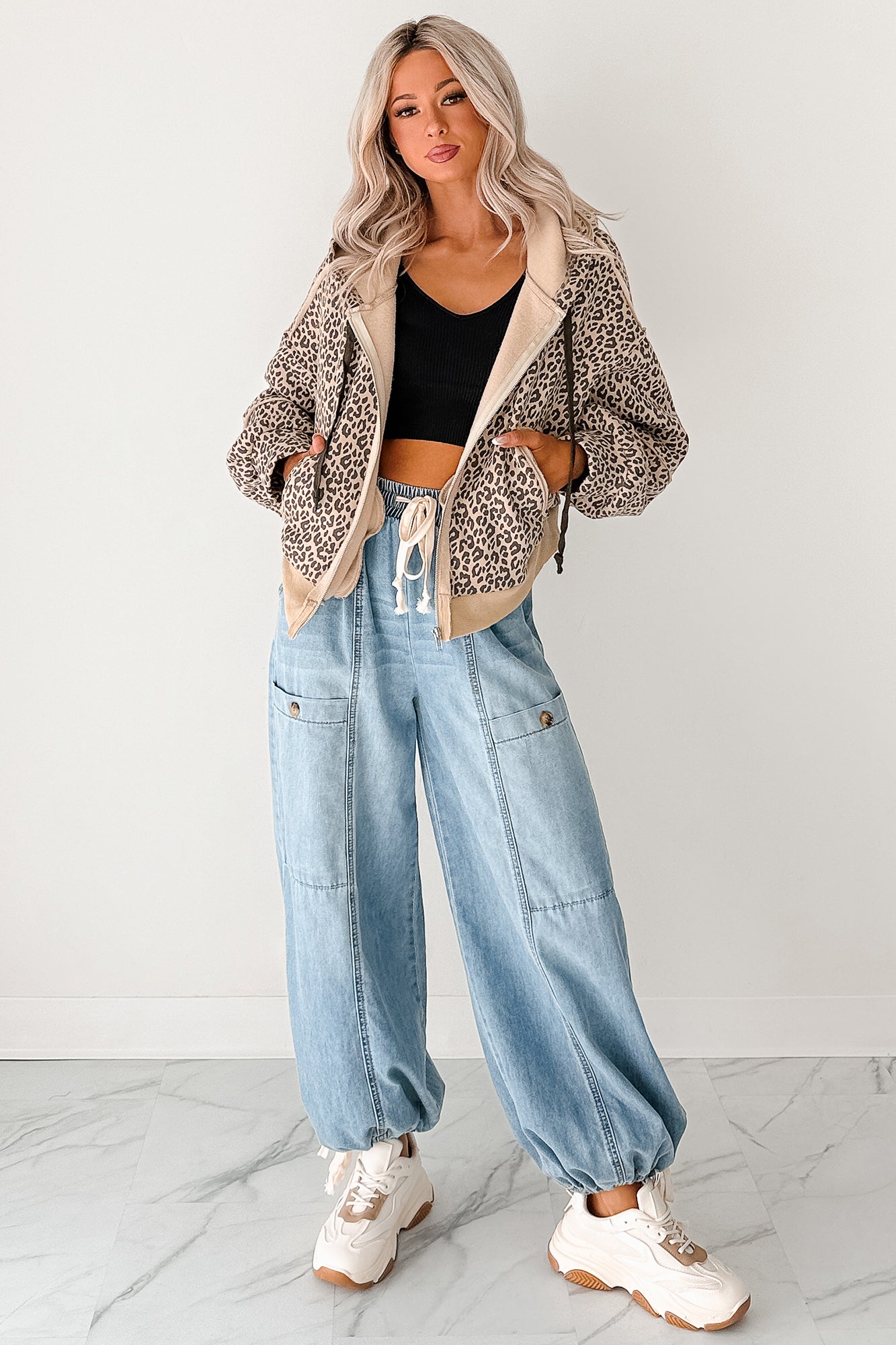 Daring On Leopard Print Zip-Up Jacket (Latte/Black) - NanaMacs