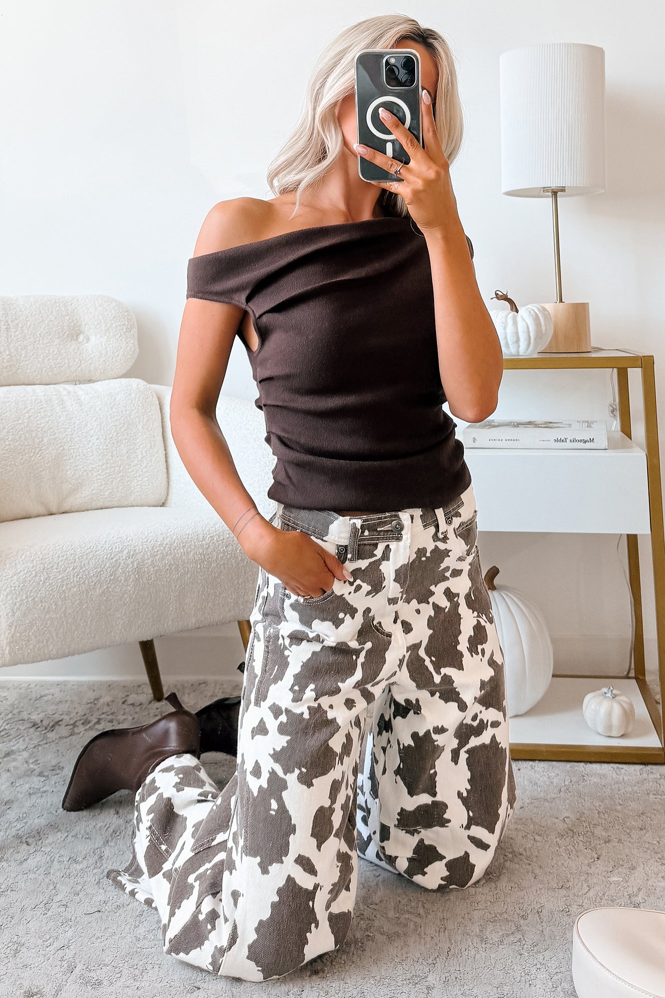 Off The Edge One Shoulder Knit Top (Brown) - NanaMacs