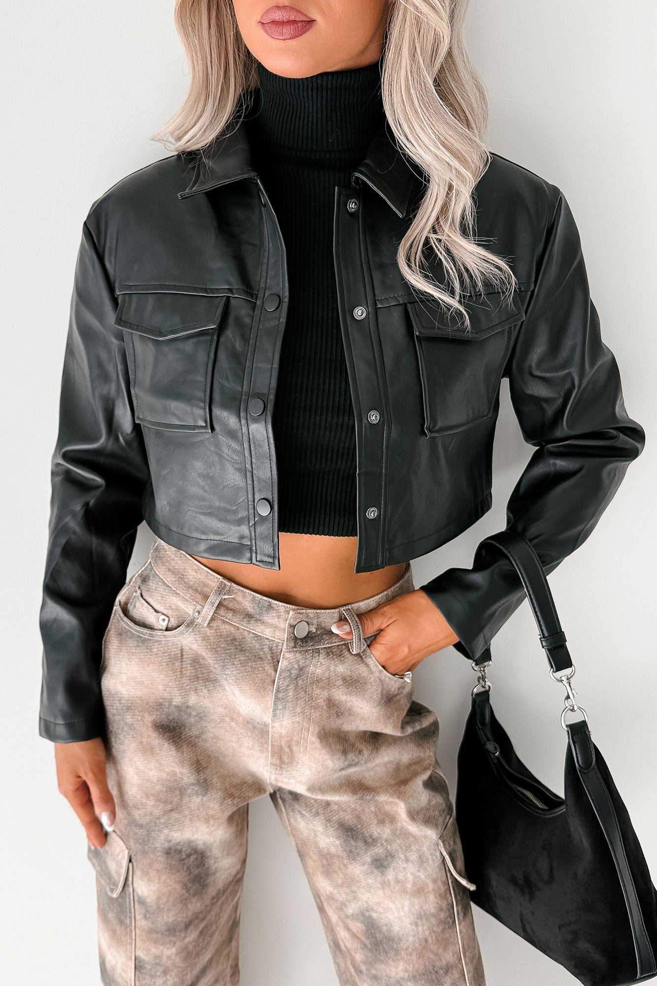 Deal With It Faux Leather Cropped Jacket (Black) - NanaMacs