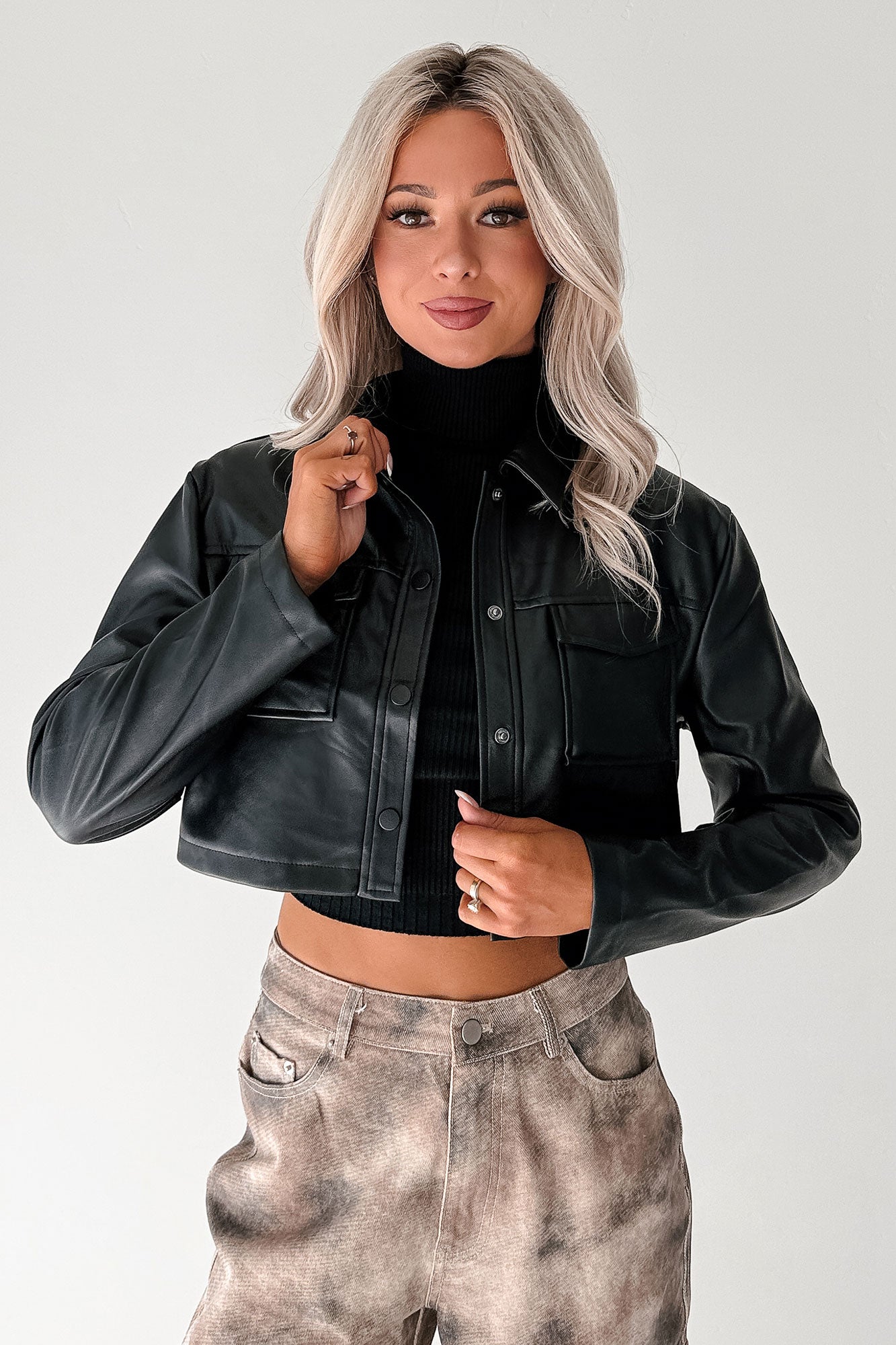 Deal With It Faux Leather Cropped Jacket (Black) - NanaMacs