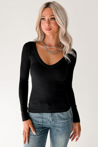 Balanced Days V Neck Ribbed Top (Black) - NanaMacs