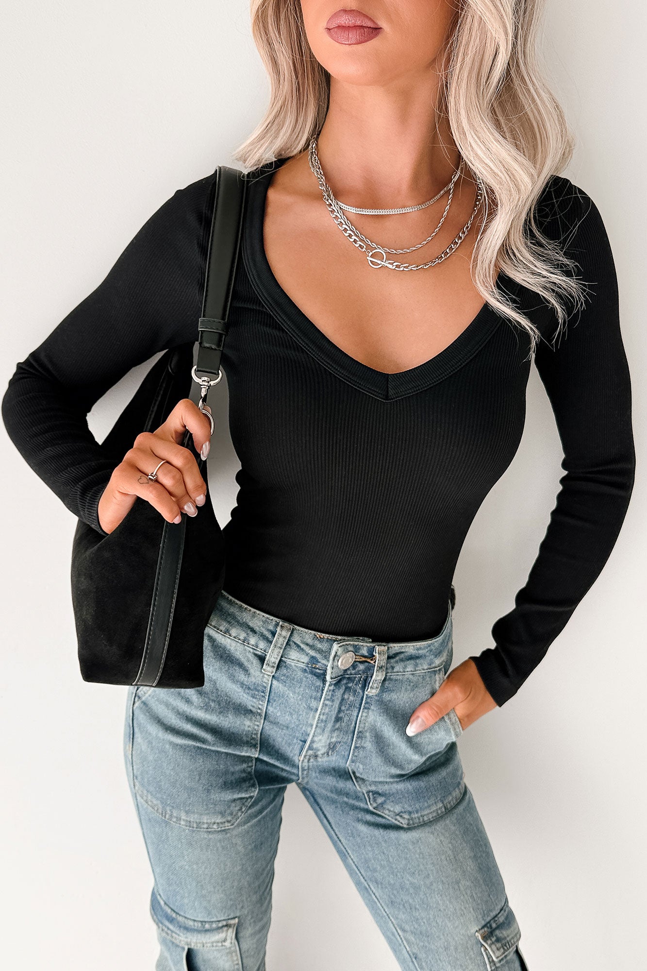 Balanced Days V Neck Ribbed Top (Black) - NanaMacs
