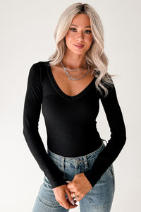 Balanced Days V Neck Ribbed Top (Black) - NanaMacs