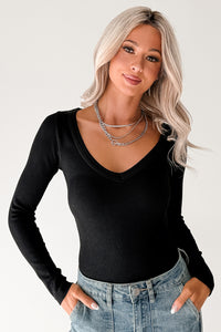 Balanced Days V Neck Ribbed Top (Black) - NanaMacs