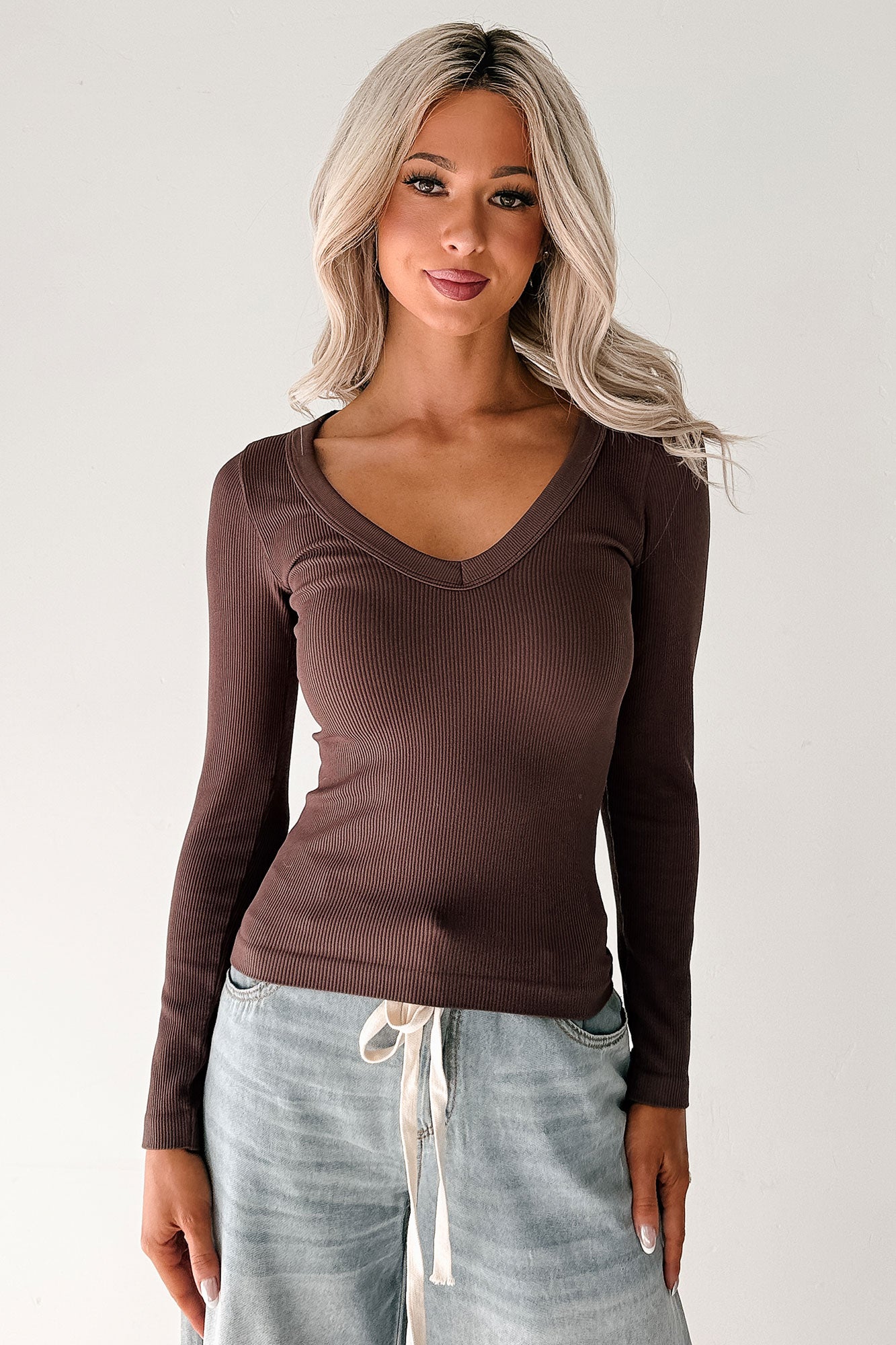 Balanced Days V Neck Ribbed Top (French Roast) - NanaMacs