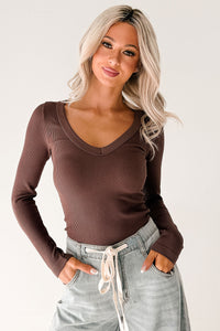 Balanced Days V Neck Ribbed Top (French Roast) - NanaMacs
