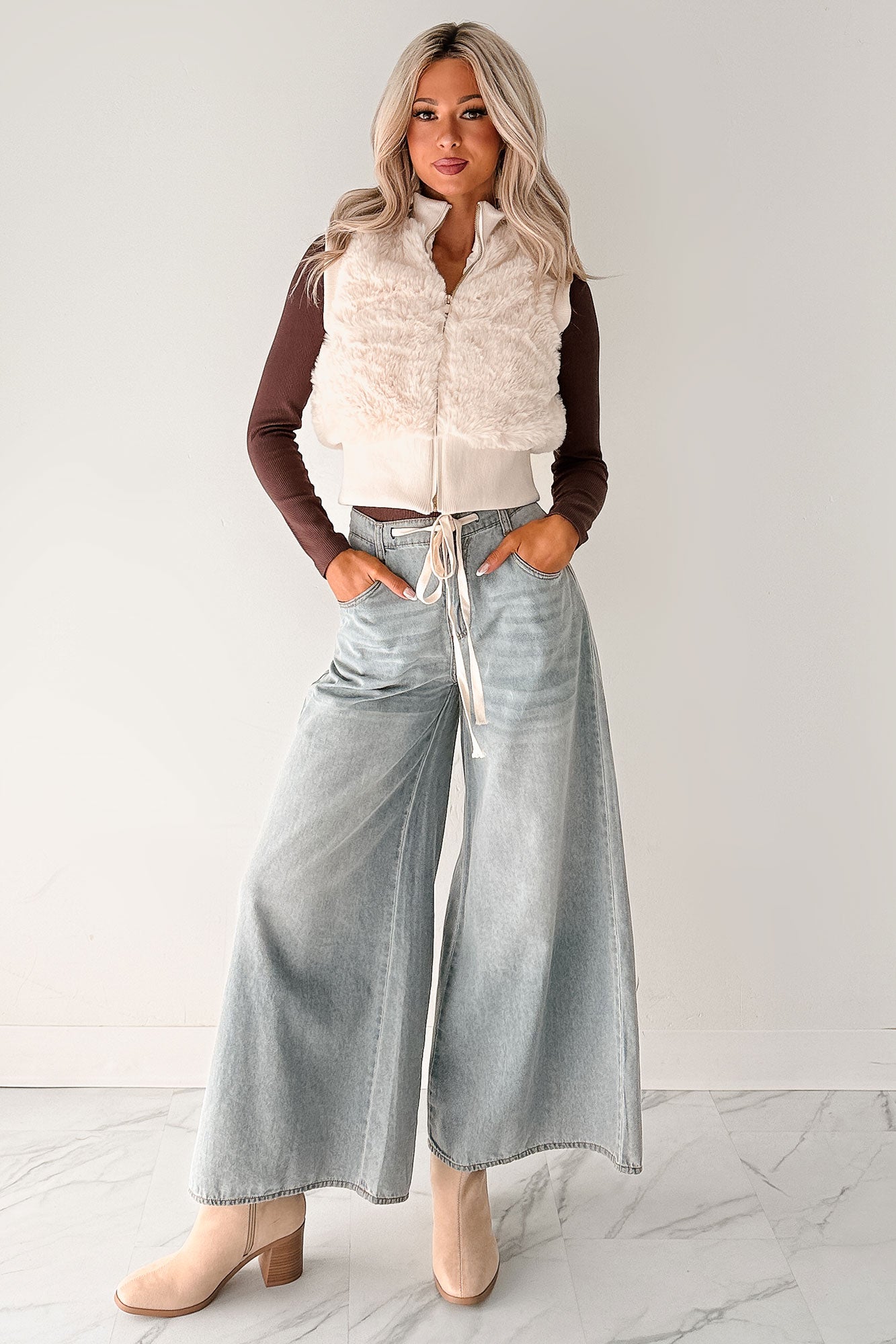 Needing You Near Faux Fur Zip-Up Vest (Cream) - NanaMacs