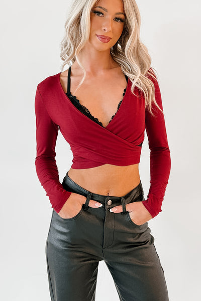 Chic Moment V Neck Wrap Crop Top (Cabernet) - NanaMacs