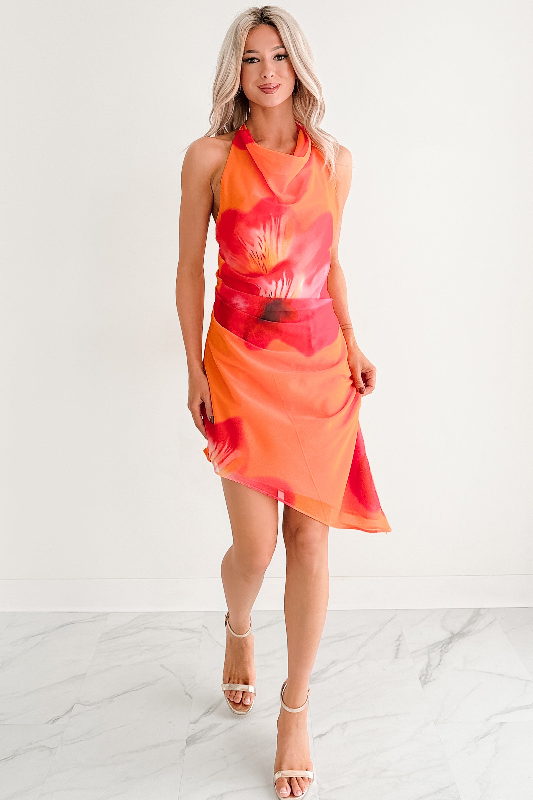 Bloom Again Halter Floral Mini Dress (Orange/Pink/Multi)