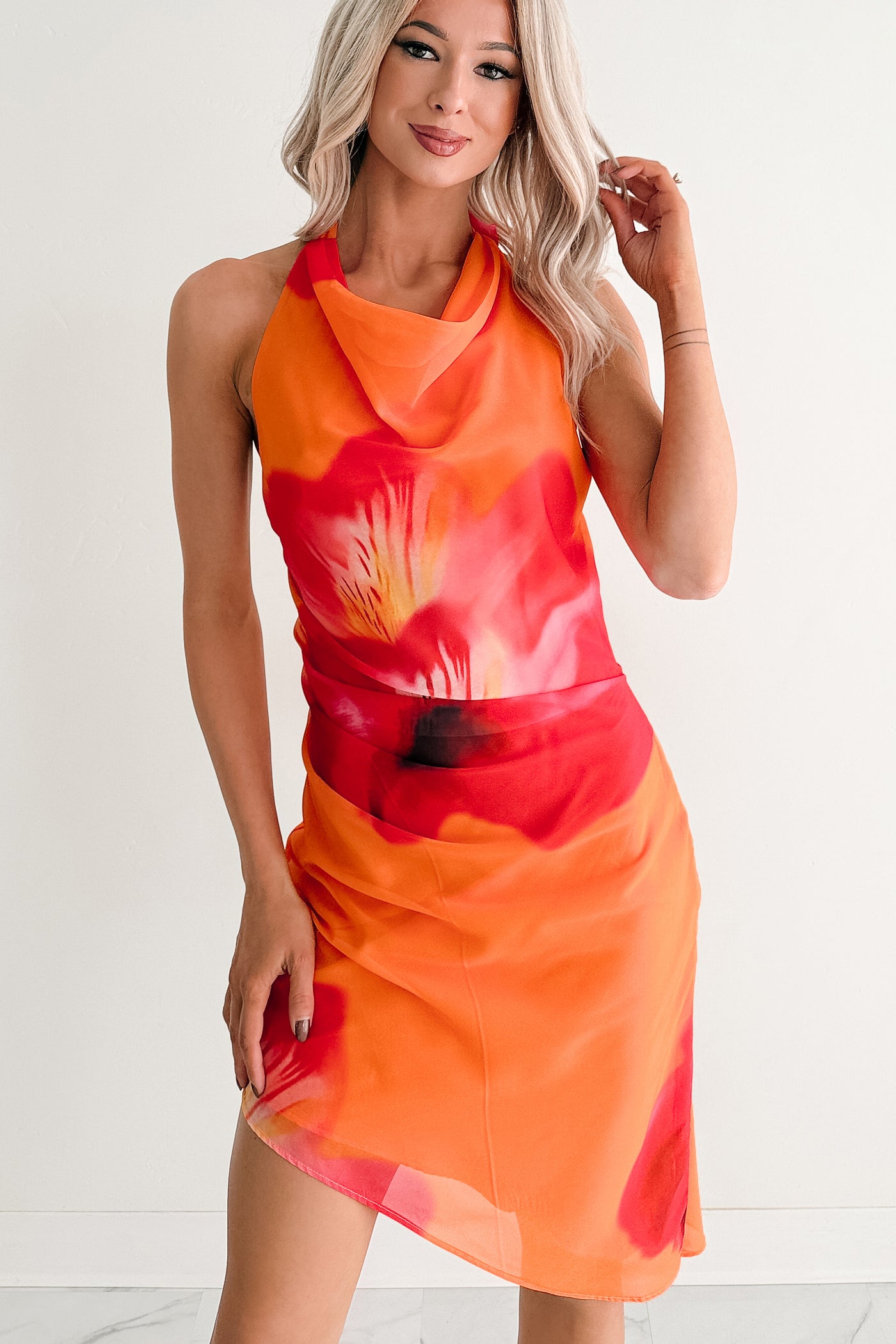 Bloom Again Halter Floral Mini Dress (Orange/Pink/Multi)