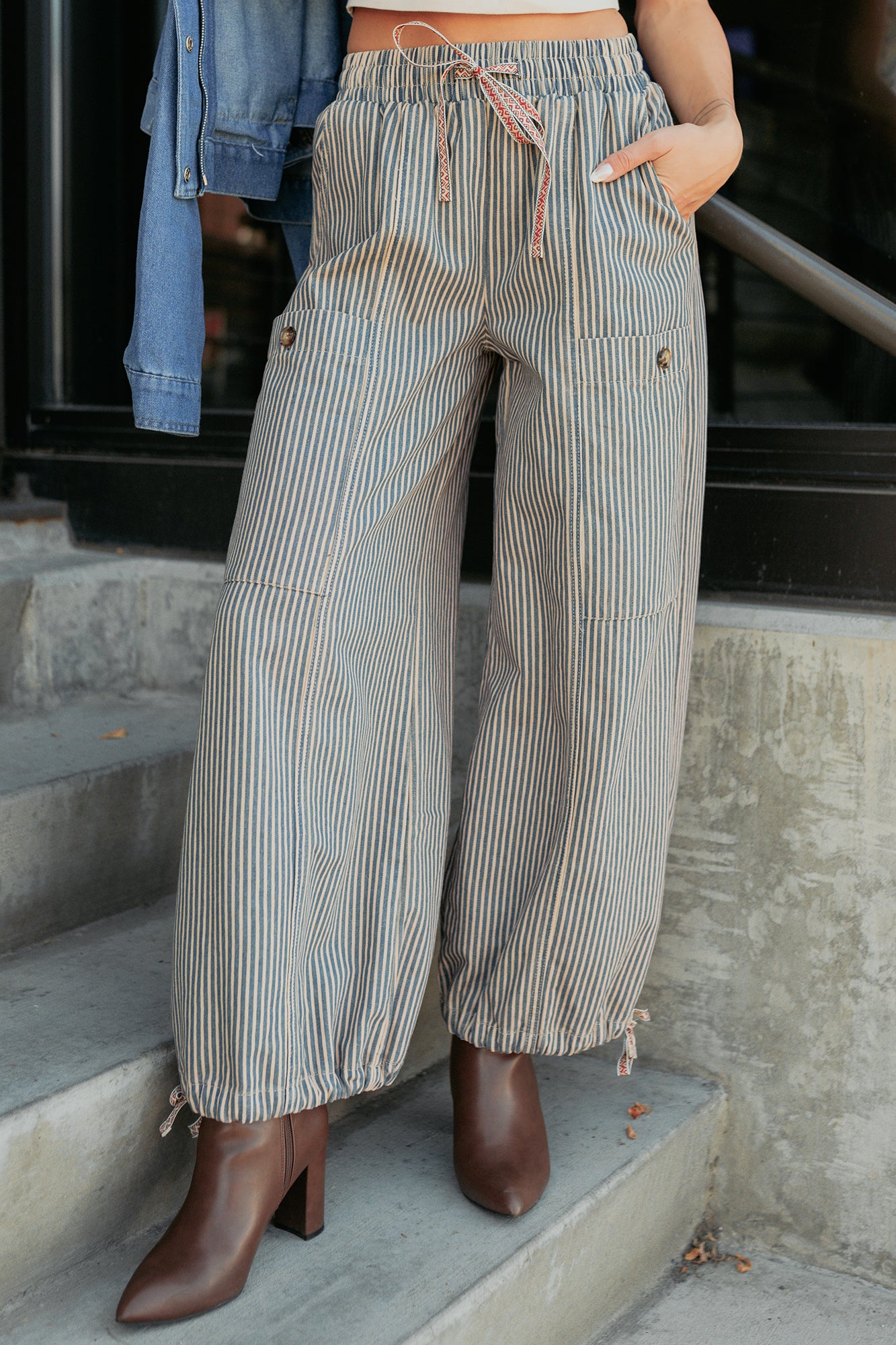 Restless Heart Striped Wide Leg Drawstring Pants (Latte) - NanaMacs