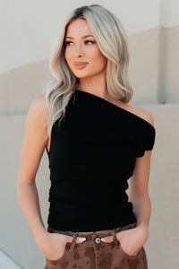 Off The Edge One Shoulder Knit Top (Black) - NanaMacs