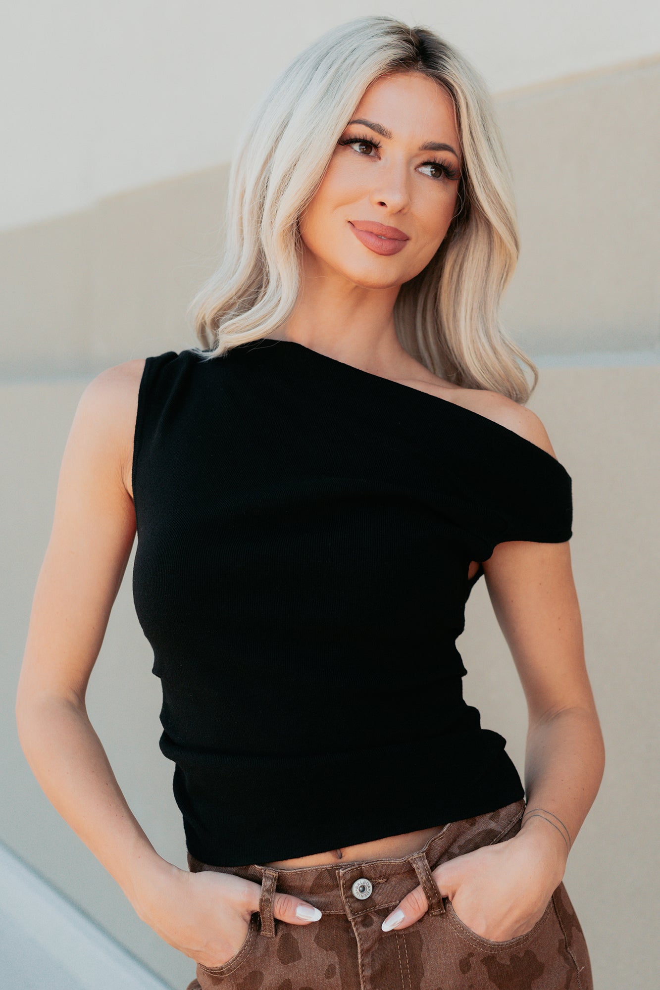 Off The Edge One Shoulder Knit Top (Black) - NanaMacs