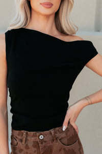 Off The Edge One Shoulder Knit Top (Black) - NanaMacs