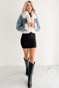 Rush Factor Faux Fur Trim Denim Crop Jacket (Denim Blue) - NanaMacs