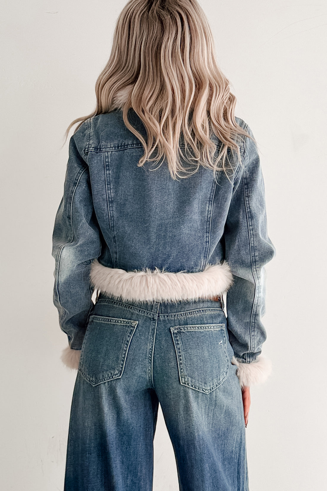 Rush Factor Faux Fur Trim Denim Crop Jacket (Denim Blue) - NanaMacs