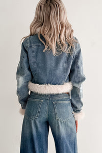 Rush Factor Faux Fur Trim Denim Crop Jacket (Denim Blue) - NanaMacs