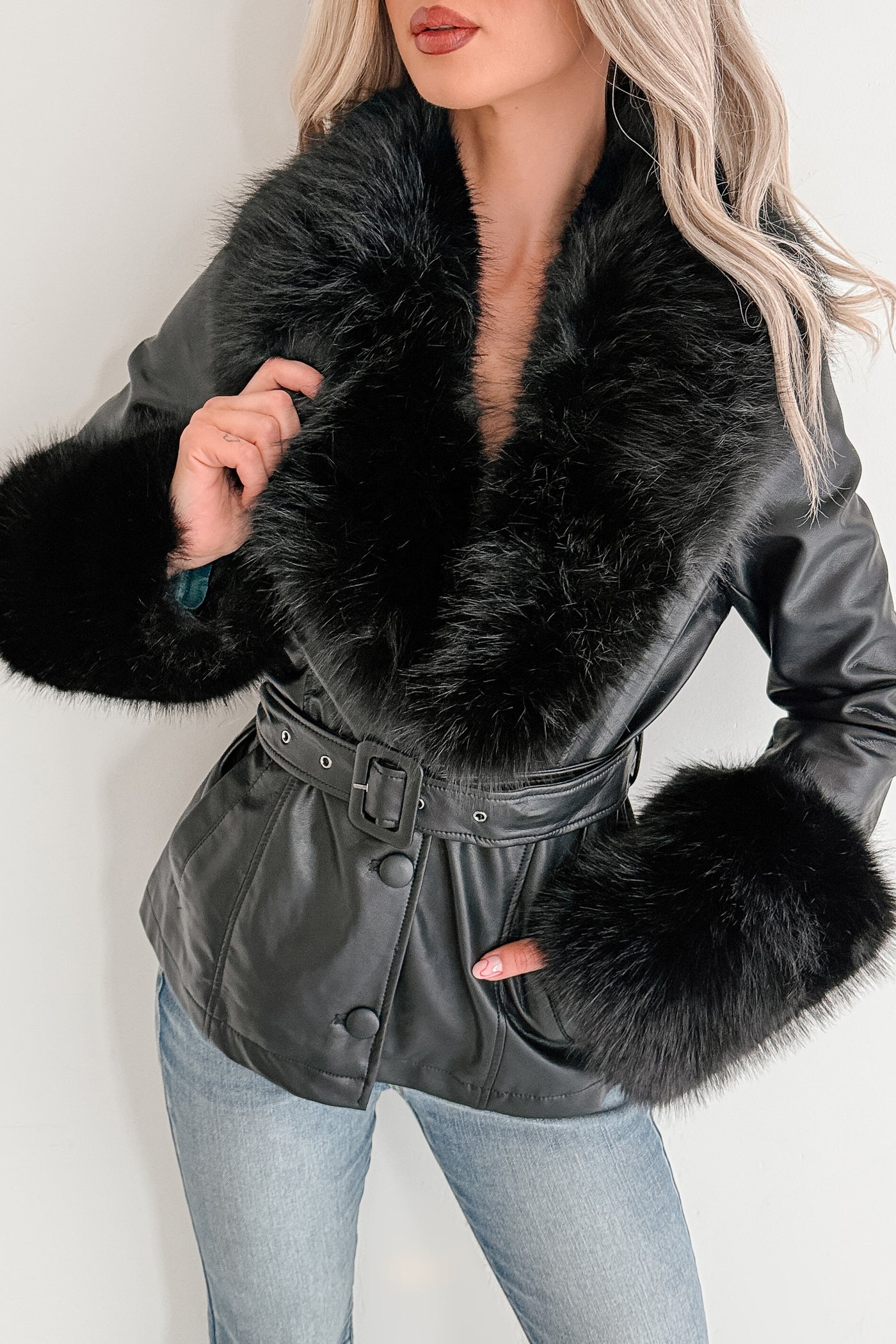 Star Quality Fur Trim Faux Leather Jacket (Black) - NanaMacs