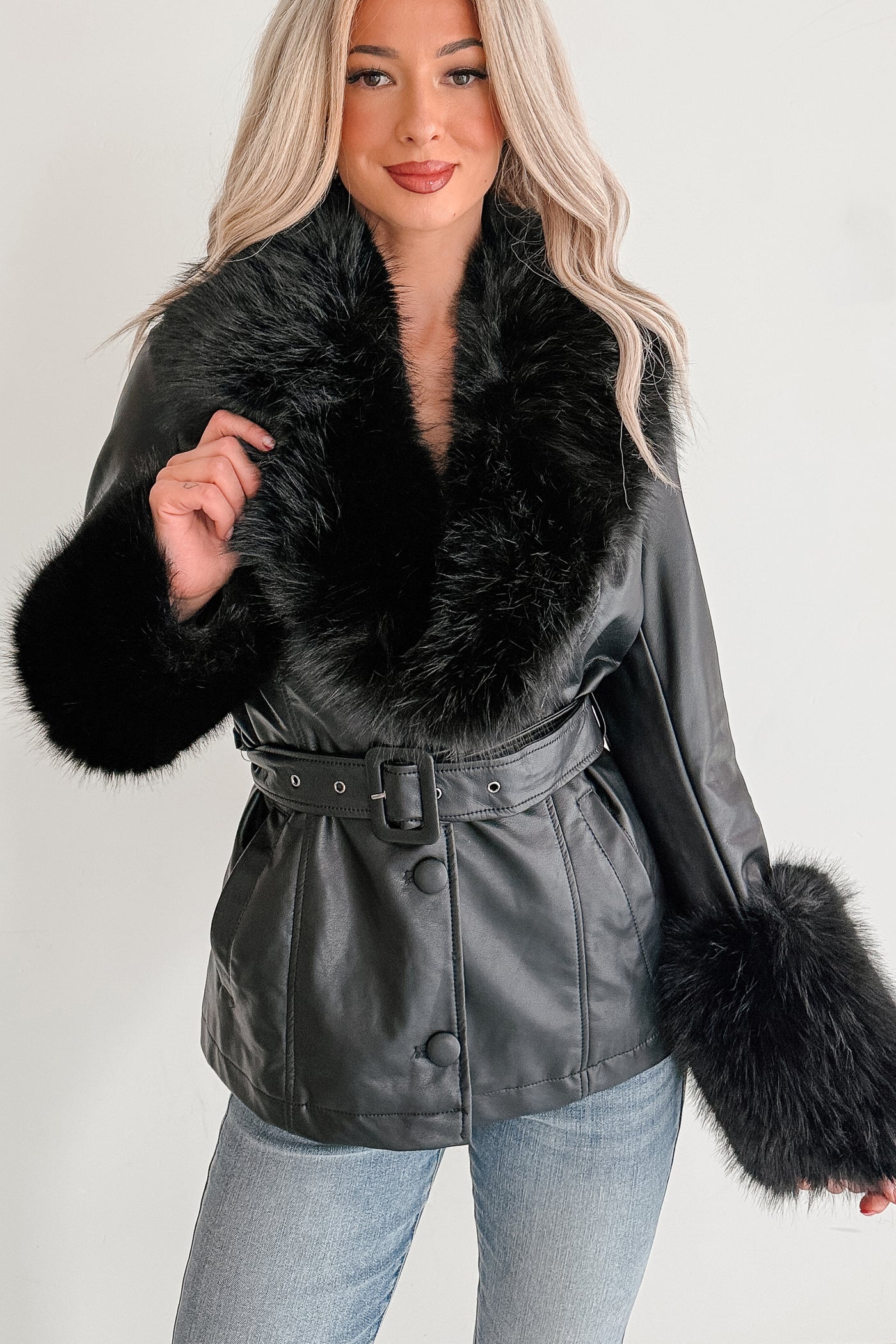 Star Quality Fur Trim Faux Leather Jacket (Black) - NanaMacs