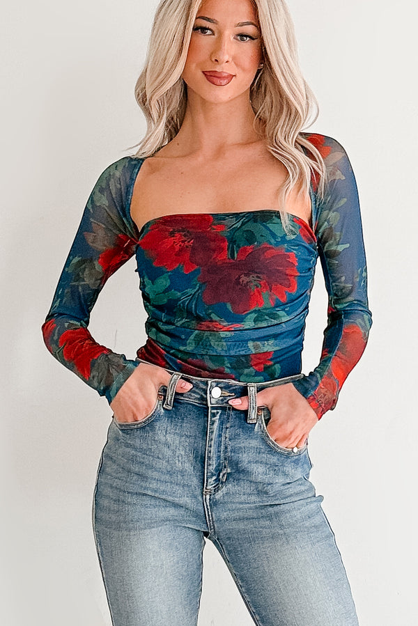 Fell In Love Floral Mesh Long Sleeve Top (Blue)
