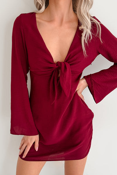 Say You Will Long Flare Sleeve Front Tie Mini Dress (Burgundy) - NanaMacs